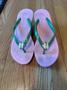 Juicy Couture Pink and Green Logo Accent Flip Flops